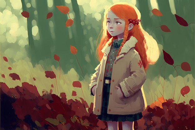 Cute girl standing in the magic forest alone Young girl standing in the autumn forest digital art style illustration painting