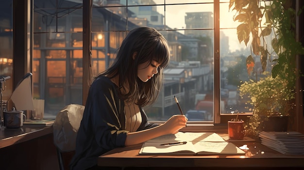 Cute girl study comfortable view beside the window