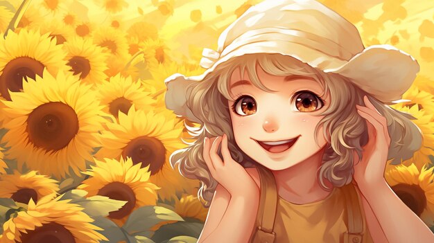 Cute girl in a sunflower field Childrens illustration