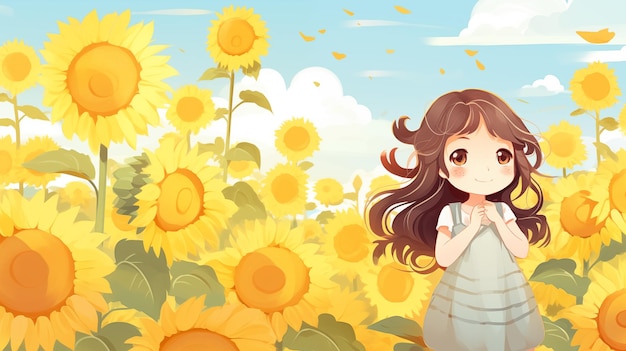 Cute girl in a sunflower field Childrens illustration