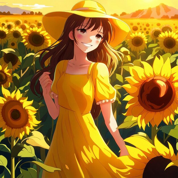 A cute girl in sunflower garden with yellow dress illustration