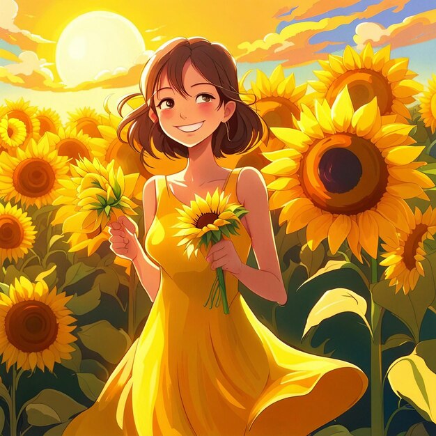 A cute girl in sunflower garden with yellow dress illustration