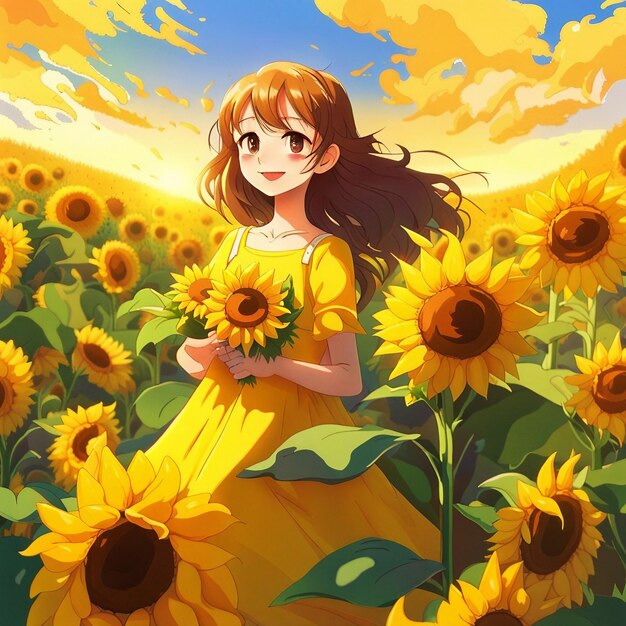 Cute Anime Girl in a Hat on a Background of Sunflowers and Sky Stock Vector  - Illustration of artwork, child: 227737898, Anime Girl -  valleyresorts.co.uk