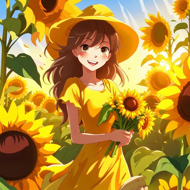 A cute girl in sunflower garden with yellow dress illustration