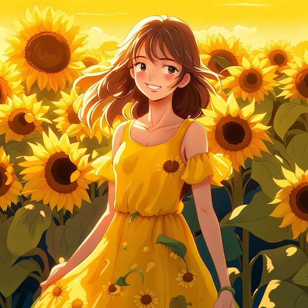 黄色いドレスのイラストで太陽の花の庭の可愛い女の子