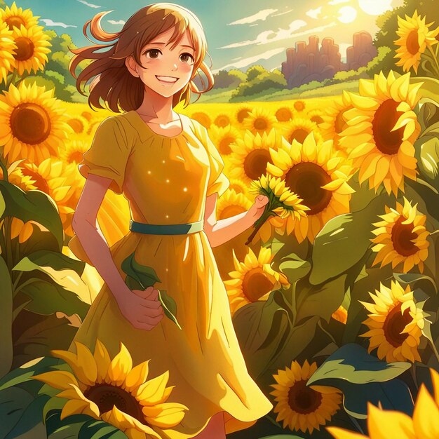 A cute girl in sunflower garden with yellow dress illustration