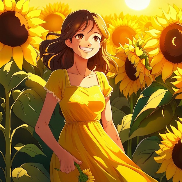 Foto una ragazza carina nel giardino di girasole con l'illustrazione del vestito giallo