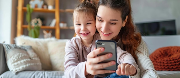 Cute girl taking photos with her mom mother and child taking selfie on smartphone in the living room