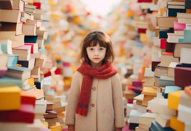Cute girl walking between piles of stacked books Back to school conceptual background