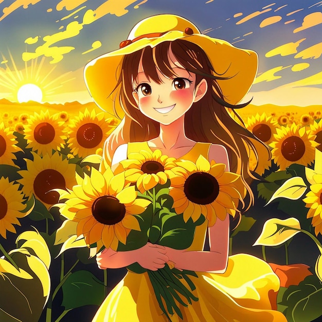 A cute girl ware yellow dress and stand in yellow sunflower garden