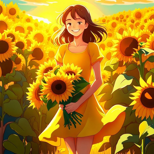 A cute girl ware yellow dress and stand in yellow sunflower garden