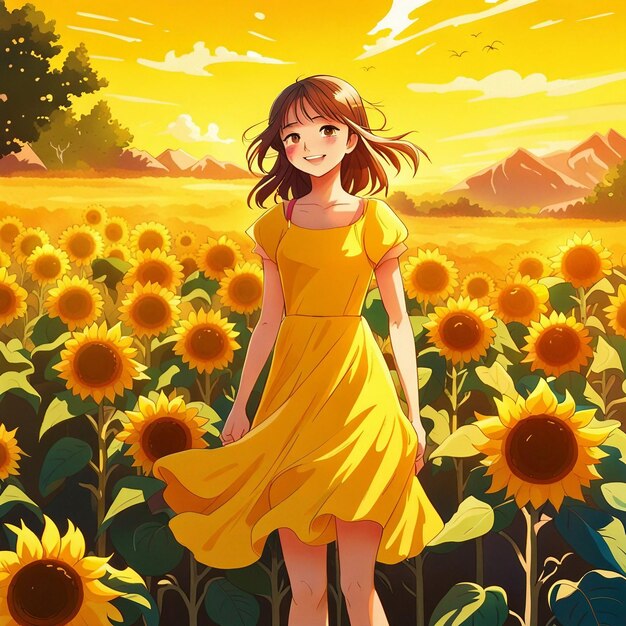 A cute girl ware yellow dress and stand in yellow sunflower garden