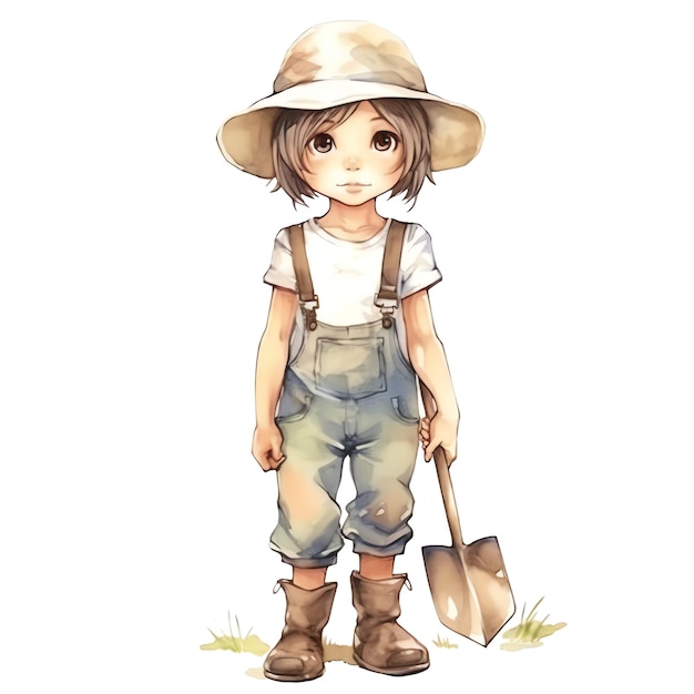 Cute girl watercolor illustration animals and farm clipart