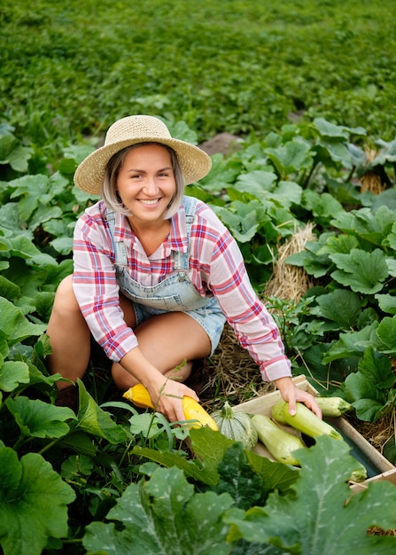 庭で最も新鮮なスカッシュとズッキーニを選ぶ帽子をかぶっているかわいい女の子。秋の野菜の収穫。