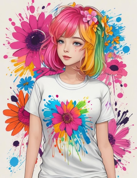 花柄の白いTシャツを着ているかわいい女の子