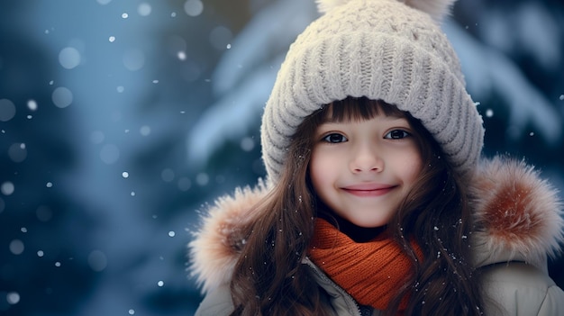Cute girl in a winter hat on a winter background with bokeh and copyspace High quality photo