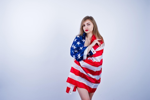 Cute girl with american usa flag isolated on white background