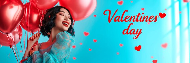 Photo cute girl with balloons with inscription on blue background sign with the inscription valentines day generative ai