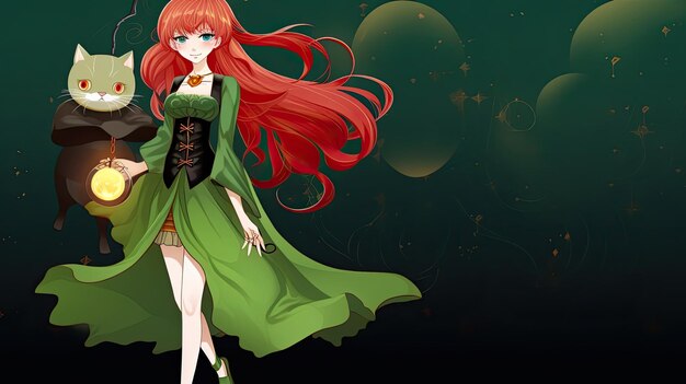 Cute girl with beautiful red hair and green costume halloween theme anime style art