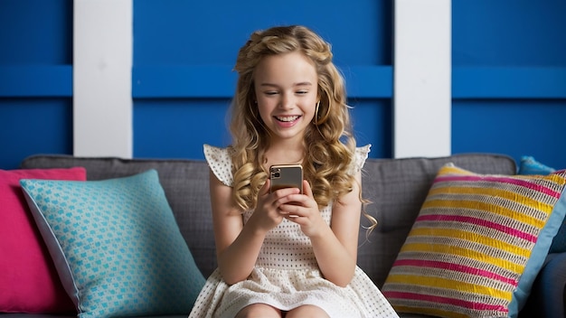 금발 곱슬머리를 가진 귀여운 소녀가 파란 벽과 다채로운 베개를 가진 스튜디오의 소파에 앉아 있습니다.