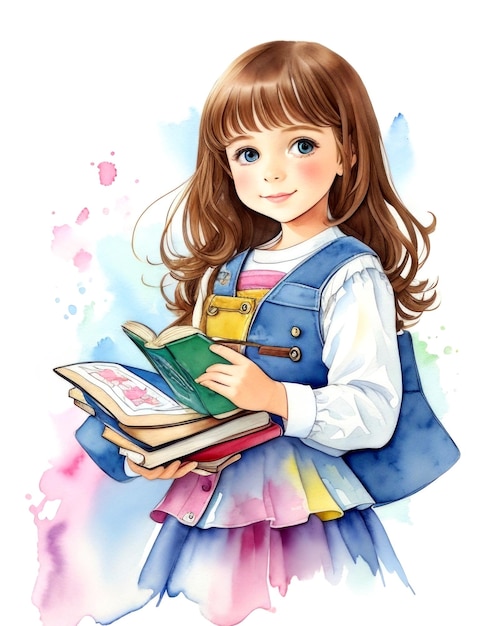 Cute girl with books Back to school watercolour Generative AI