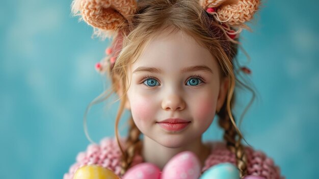 A cute girl with bunny ears holds a basket with Easter colored eggs on a blue background