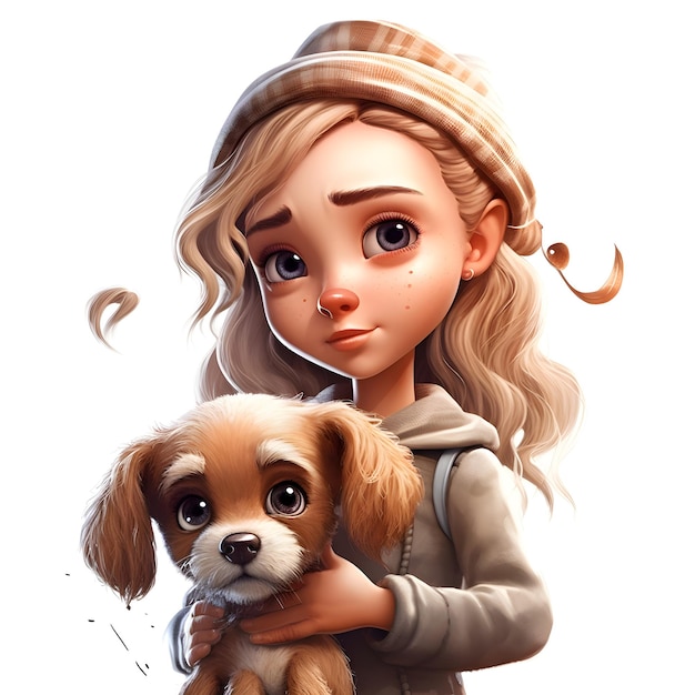 白い背景に犬を持つかわいい女の子デジタルイラスト