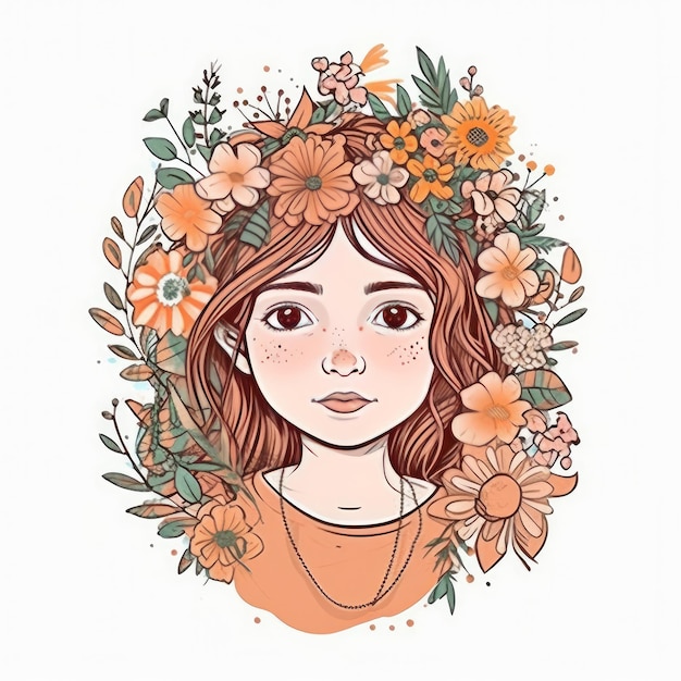 Cute girl with flowers Illustration AI Generative