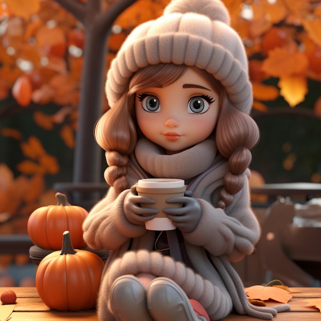 cute girl with freckles in a knitted hat with pumpkins drinks coffee against the backdrop of an autu