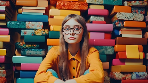 Фото Симпатичная девушка в очках сидит в окружении книг книги вокруг школьницы в красочной сцене генерируется ai
