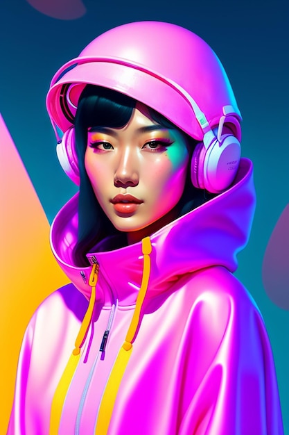 Cute girl with headphones and pink jacket