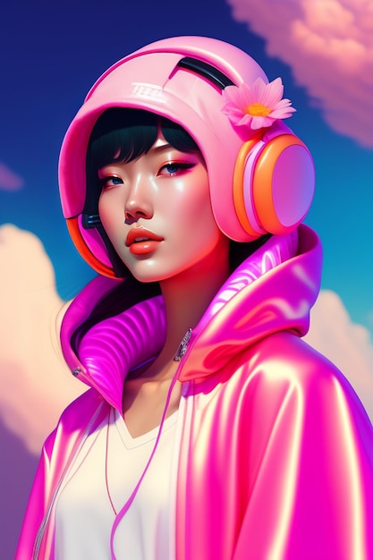 Cute girl with headphones and pink jacket