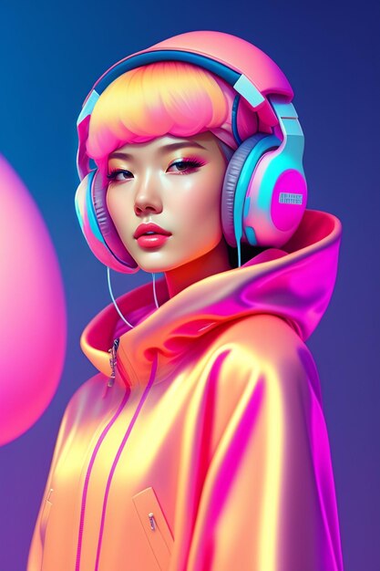 Cute girl with headphones and pink jacket