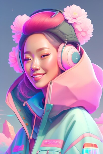 Cute girl with headphones and pink jacket