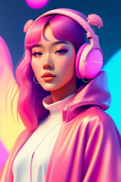 Cute girl with headphones and pink jacket