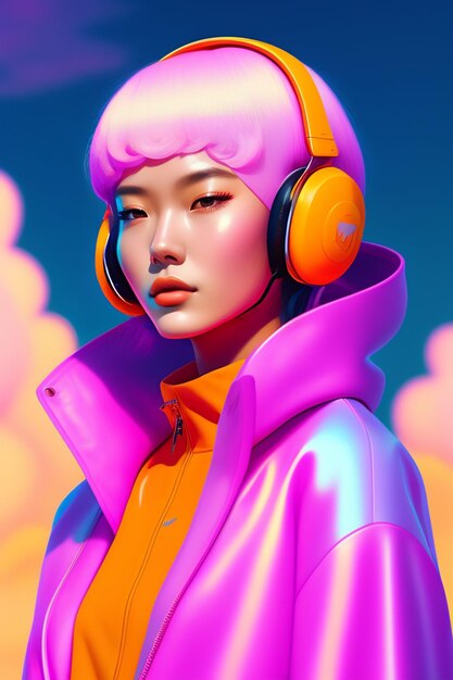 Cute girl with headphones and pink jacket