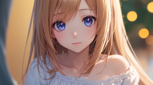 Cute girl with kawaii eyes anime style for idea or wallpaper