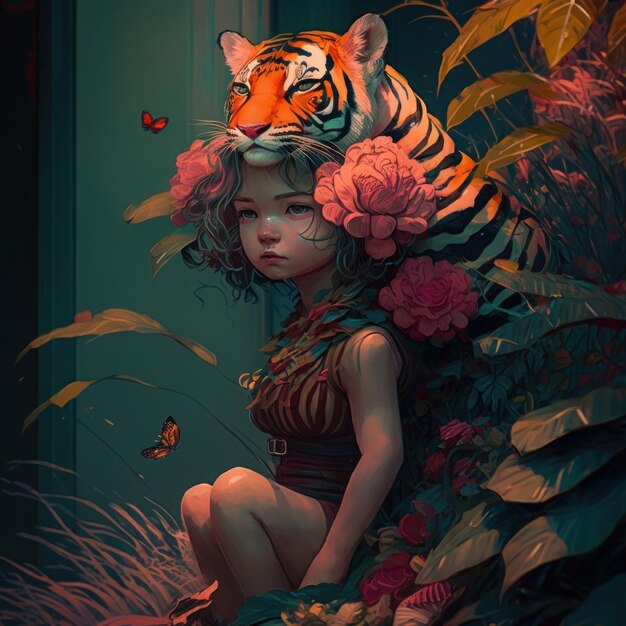 Cute girl with little tiger with flowers generative AI