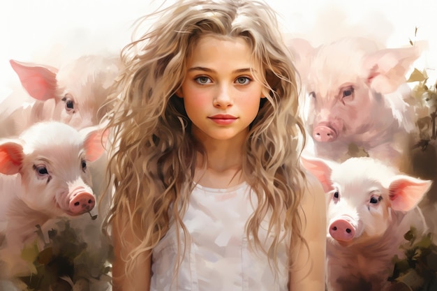 Cute girl with long wavy hair in the style of watercolor in a farm with pigs full body