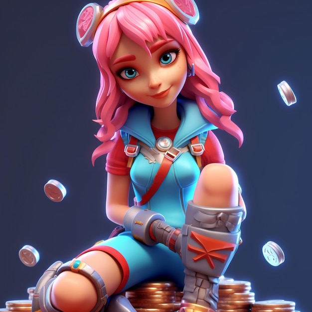 cute girl with pink hair and blue eyes sits on a mountain of coins 3D