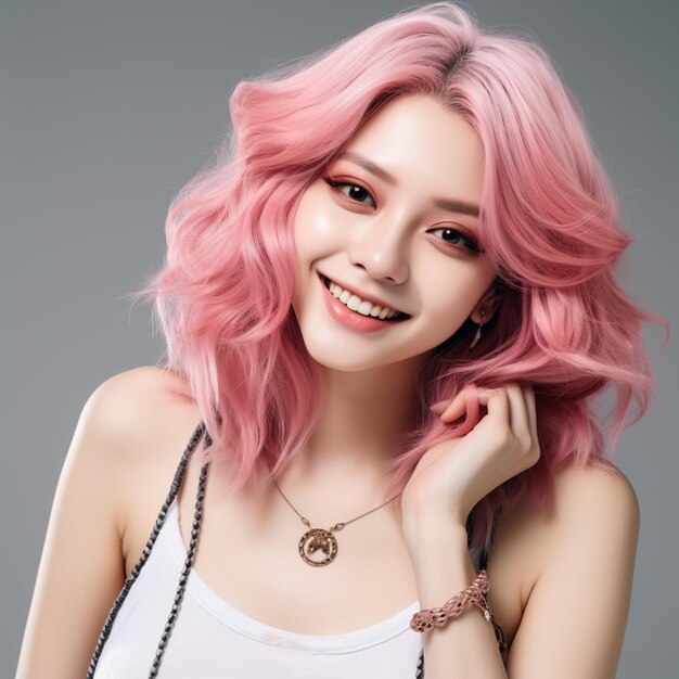 Photo cute girl with pink hair generated ai photo