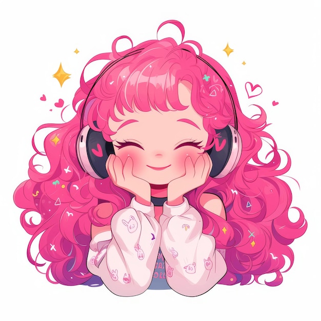 Cute girl with pink hair listening to music