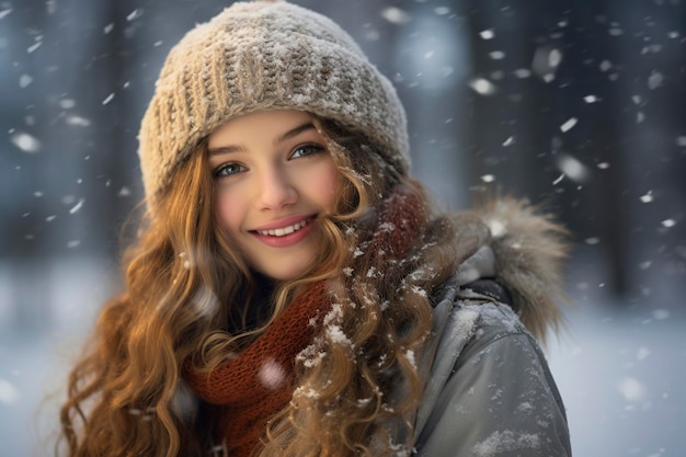 cute girl with a warm smile enjoying the snow and winter