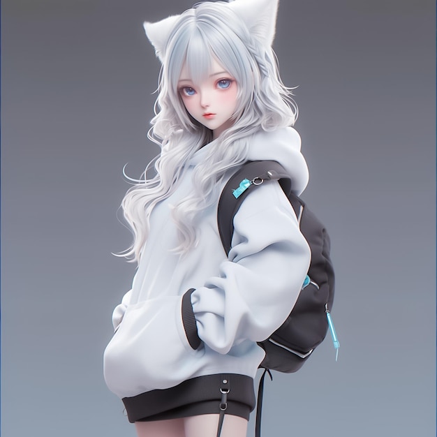 Cute Girl with White Hair Cat Ears in a White Hoodie 3d Cartoon Anime Style Ai Generated