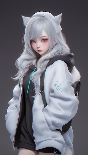 Cute Girl with White Hair Cat Ears in a White Hoodie 3d Cartoon Anime Style Ai Generated