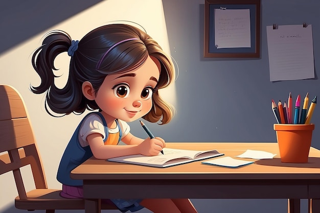 Милая девушка пишет и думает быть счастливой Векторная иллюстрация маленькой девочки, пишущей за своим столом