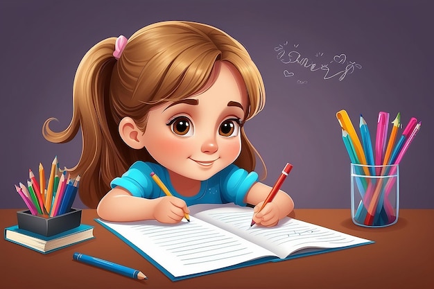 Cute girl writing and thinking be happy Vector illustration of a little girl writing at his desk