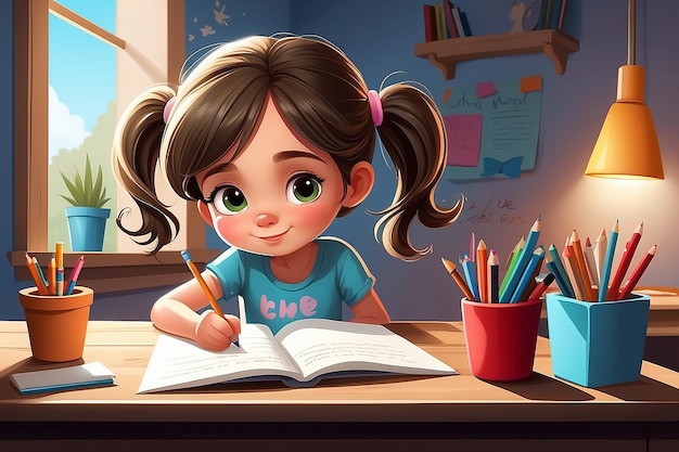 Cute girl writing and thinking be happy Vector illustration of a little girl writing at his desk