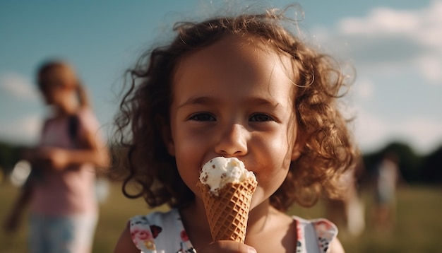 Cute girls enjoying ice cream in nature meadow generated by AI