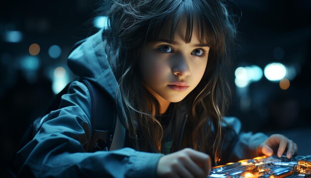 Photo cute girls looking at camera smiling illuminated by indoor lighting generated by artificial intelligence